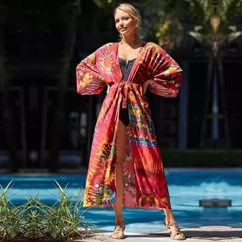 EDOLYNSA богемный купальник, накидка в полоску в стиле ретро, женская летняя одежда с поясом, длинное платье-кимоно, пляжная одежда, накидки на бикини Q1521 красный