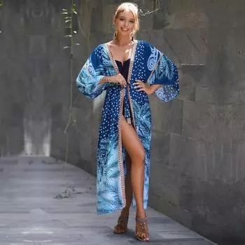 EDOLYNSA богемный купальник, накидка в полоску в стиле ретро, женская летняя одежда с поясом, длинное платье-кимоно, пляжная одежда, накидки на бикини Q1521 синий