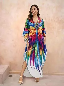 EDOLYNSA Богемный принт ручной вязки с V-образным вырезом и рукавами «летучая мышь» Кафтан больших размеров Свободное домашнее платье 2024 Летняя пляжная одежда Накидка на купальный костюм Q1588 One Size разноцветный
