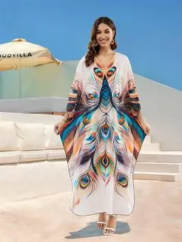 EDOLYNSA богемный шикарный свободный кафтан с принтом, лето 2024, длинное платье, женская пляжная одежда, купальный костюм, повседневный халат для отдыха, Q1638 One Size разноцветный
