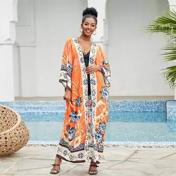 EDOLYNSA Bohemian Printed Bikini Cover-ups Elegant Self Belted Kimono Dress Tunic 2024 Summer Women Plus Size Beach Wear Swimsuit Cover Up Q996 One Size оранжевый