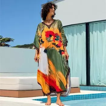 EDOLYNSA Boho кафтан больших размеров с принтом 2024, женский домашний халат с короткими рукавами, летние каникулы, пляжное платье макси, купальный костюм, свободный кафтан One Size разноцветный
