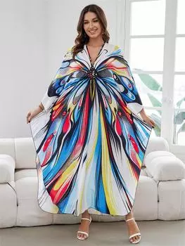 EDOLYNSA Boho Красочный принт с бабочкой, ручная вязка, V-образный вырез, рукав «летучая мышь», платье-кафтан больших размеров для женщин, лето 2024, пляжная одежда, бикини, накидки Q1588 One Size разноцветный