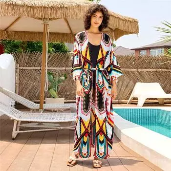 EDOLYNSA Бохо с принтом для вечеринки у бассейна, бикини, накидки, сексуальное кимоно с поясом, платье-туника, лето 2024, женская пляжная одежда больших размеров, купальный костюм, накидка Q1332 One Size разноцветный