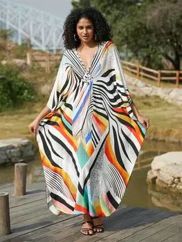 EDOLYNSA Boho свободный кафтан в полоску с принтом, купальник, накидка для женщин, лето 2024, уютное домашнее платье, пляжные накидки Q1628 One Size разноцветный