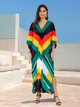 EDOLYNSA Boho Женское длинное платье с симметричным принтом в стиле бохо 2024, длинное платье для отпуска с V-образным вырезом, марокканский халат, свободный кафтан, уютная домашняя одежда, купальники, пляжные накидки One Size разноцветный