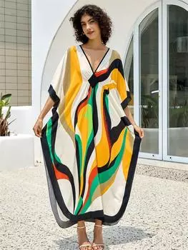 EDOLYNSA Большие размеры, богемное пляжное платье макси с принтом, 2024, женское платье с v-образным вырезом и рукавами «летучая мышь», кафтан, домашний халат, пляжная одежда, купальный костюм, накидка Q1618 One Size разноцветный