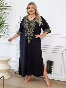 EDOLYNSA Черное платье-кафтан больших размеров с золотой вышивкой для женщин, уютный пляжная одежда с v-образным вырезом и короткими рукавами, халат, повседневная одежда Q1679 One Size чёрный
