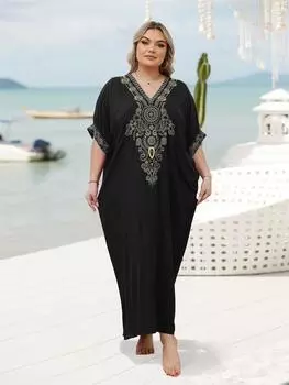 EDOLYNSA Черный кафтан больших размеров с золотой вышивкой, платья для женщин, пляжная одежда с v-образным вырезом и рукавами-фонариками, свободный кафтан, накидка на купальник One Size чёрный