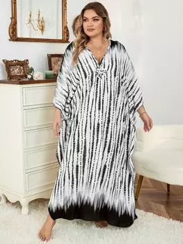 EDOLYNSA Черный полосатый кафтан больших размеров, женское длинное платье, халат, пляжное платье с короткими рукавами, домашняя одежда, купальник, накидка Q1523 One Size разноцветный