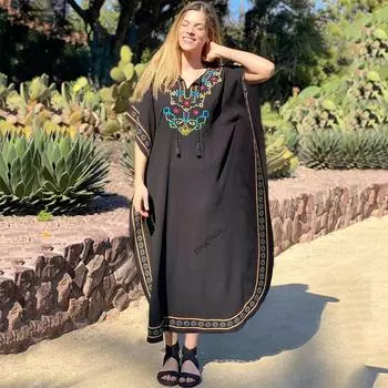 EDOLYNSA, черный ретро с вышивкой, длинный кафтан больших размеров, женская одежда, винтажное летнее платье с кисточками, пляжная одежда, купальный костюм, накидка Q1375 One Size чёрный