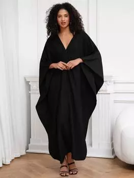 EDOLYNSA черный женский кафтан большого размера для отпуска, праздничного длинного платья, уютная легкая куртка, одежда для отдыха, домашняя одежда с рукавами «летучая мышь», Q1306 One SizeSize чёрный