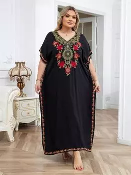 EDOLYNSA Черный женский кафтан с вышивкой большого размера, домашняя одежда, купальный халат, пляжное платье, повседневная повседневная одежда Q1490 One Size чёрный
