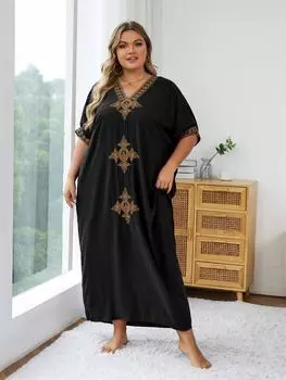 EDOLYNSA Черный женский кафтан с золотой вышивкой, свободный халат, красивое домашнее платье, пляжная одежда, купальный костюм, одежда для отдыха Q1373 One Size чёрный