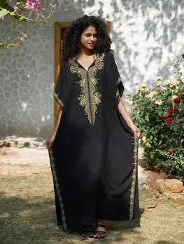 EDOLYNSA Черный женский свободный кафтан с золотой вышивкой, купальник, накидка, богемная домашняя одежда, платье Moo Moo, пляжное платье Q1656 One Size разноцветный