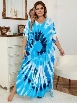 EDOLYNSA Длинное платье больших размеров, женское кафтан для отдыха, богемное длинное платье с v-образным вырезом и принтом, купальник, домашний халат, платье Moo Moo Q1342 One Size синий