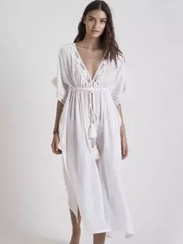 EDOLYNSA EDOLYNSA Сексуальная белая туника с глубоким V-образным вырезом и бахромой, повседневное хлопковое летнее пляжное платье, элегантная женская удобная пляжная одежда, купальник, накидка One Size белый