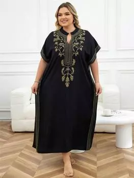 EDOLYNSA Вышитый красный кафтан, модный женский халат в стиле бохо с V-образным вырезом, рукавами «летучая мышь», пляжное макси-платье, праздничный уютный домашний халат One Size чёрный