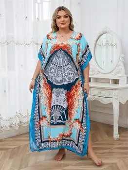 EDOLYNSA Хлопковое длинное пляжное платье, накидки для женщин, парео де пляж, купальник, пляжные саронги, купальники, кафтан, пляжная одежда Q1476 One Size синий