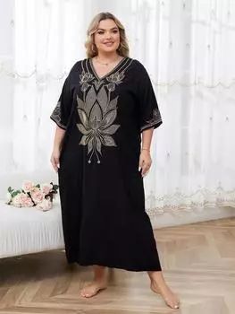 EDOLYNSA Элегантное платье больших размеров с вышивкой Святого Духа и лотоса, 2024, женский свободный черный халат с v-образным вырезом и половиной рукавов, пляжный халат, накидка Q1687 One Size чёрный