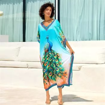 EDOLYNSA Элегантное женское кафтан больших размеров с принтом павлина в стиле бохо 2024, летнее пляжное платье с v-образным вырезом и рукавами «летучая мышь», купальный костюм, домашнее платье Q1674 One Size синий