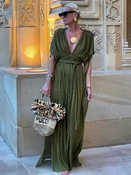 EDOLYNSA Элегантное женское платье знаменитостей с глубоким V-образным вырезом и плетеной веревкой, летнее вечернее платье макси, туника, пляжная одежда, купальник, накидка A2848 One Size чёрный