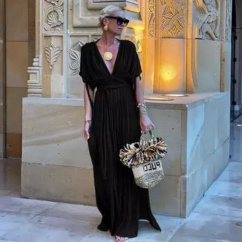 EDOLYNSA Элегантное женское платье знаменитостей с глубоким V-образным вырезом и плетеной веревкой, летнее вечернее платье макси, туника, пляжная одежда, купальник, накидка A2848 One Size чёрный