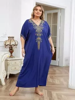 EDOLYNSA Элегантный вышитый плюс размер рукава «летучая мышь» Темно-синий кафтан 2024 Женская летняя пляжная одежда Купальник-накидка Винтажное платье-халат Q1598 One Size темно-синий
