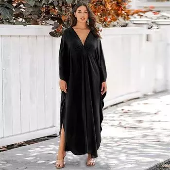 EDOLYNSA кафтан больших размеров, черный, однотонный, с богемным принтом, летнее длинное пляжное платье, женская домашняя одежда, купальный костюм, свободный кафтан One Size чёрный