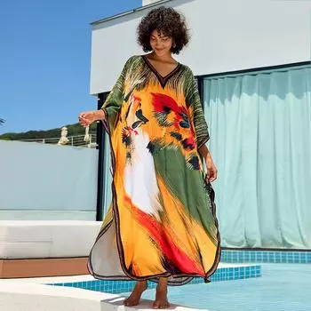 EDOLYNSA кафтан больших размеров с принтом в стиле бохо, 2024, женский свободный халат с v-образным вырезом и рукавами «летучая мышь», летние каникулы, пляжное платье макси, купальный костюм, накидка One Size разноцветный