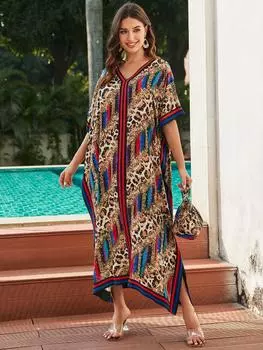 EDOLYNSA кафтан больших размеров с сумкой, летнее длинное пляжное платье с богемным принтом, женская домашняя одежда, купальный костюм, свободный кафтан One Size разноцветный