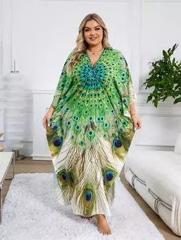 EDOLYNSA кафтан больших размеров в богемном стиле с принтом зеленого павлина, летнее пляжное платье 2024, женские свободные домашние платья с v-образным вырезом и рукавами «летучая мышь» One Size зелёный