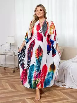 EDOLYNSA кафтан больших размеров в богемном стиле с принтом разноцветных листьев, летнее длинное пляжное платье, женская домашняя одежда, купальный костюм, свободный кафтан One Size разноцветный