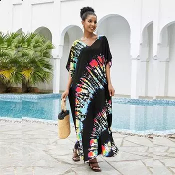 EDOLYNSA кафтан платья накидка для купальников для женщин плюс размер кафтан с принтом тай-дай курортное платье 2023 летний наряд Q1218 One Size чёрный