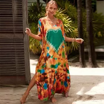 EDOLYNSA Кафтан платья накидка для купальников женщин плюс размер кафтан с цветочным принтом курортное платье большого размера домашняя одежда летняя одежда Q1342 One size оранжевый
