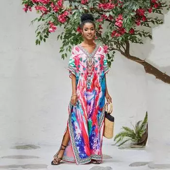 EDOLYNSA кафтан с богемным принтом, повседневное накидка на бикини на летние каникулы, женская одежда, пляжная одежда, купальный костюм, накидка Q1522 One size розовый