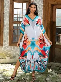 EDOLYNSA кафтан в розовую полоску с принтом, большие размеры, летнее длинное пляжное платье, женская домашняя одежда, купальный костюм, свободный кафтан One Size разноцветный