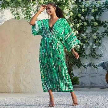 EDOLYNSA кимоно-кардиган с принтом для женщин, большие размеры, купальный костюм, повседневное летнее платье, длинная блузка, Robe De Plage Q1314 One size зелёный
