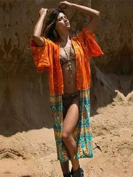 EDOLYNSA Кимоно-кардиган в богемном стиле с цветочным принтом, лето 2023, женская одежда, пляжное платье макси с длинными рукавами, сексуальное пляжное бикини, накидки One Size оранжевый
