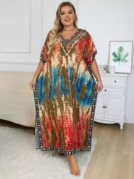 EDOLYNSA Коричневый халат с принтом Кафтан Богемное длинное платье непринужденная легкая летняя одежда купальник накидка легкая куртка пляжная одежда Q1577 One Size разноцветный