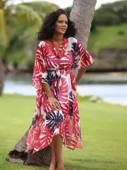 EDOLYNSA Красные повседневные печатные сексуальные женские платья с V-образным вырезом и рукавами «летучая мышь», винтажные лоскутные богемные пляжные платья макси Q408 One Size красный