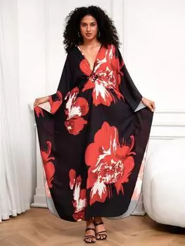 EDOLYNSA Красный халат с принтом, кафтан, свободное длинное платье для отпуска, вечеринки, хит продаж, женское платье в стиле бохо с рукавами «летучая мышь», домашняя одежда, пляжное платье Q1289 One Size разноцветный