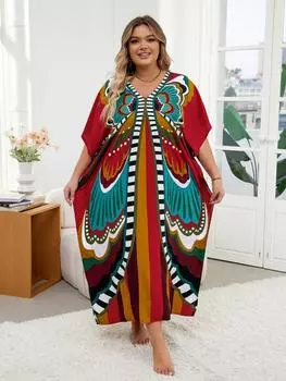 EDOLYNSA Красный кафтан, хит продаж, халат с принтом бабочек, платье Moo Moo, большой размер, непринужденный богемный купальник, накидной халат Q1594 One Size разноцветный