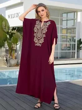 EDOLYNSA красный кафтан с вышивкой, женский модный халат в стиле бохо, с v-образным вырезом и рукавами «летучая мышь», пляжное платье макси, праздничный уютный домашний халат Q1640 One Size красный