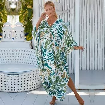 EDOLYNSA Красный купальник-бикини с принтом тай-дай, халат, повседневная летняя пляжная юбка с v-образным вырезом и боковым разрезом, женская пляжная одежда, накидка на купальник Q1297 One Size зелёный