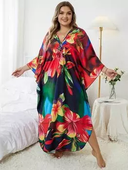 EDOLYNSA Красный женский кафтан в богемном стиле с рукавами «летучая мышь», длинное платье большого размера из крутой ткани, пляжная одежда, купальный костюм для отпуска, накидка, домашняя одежда Q1289 One Size разноцветный