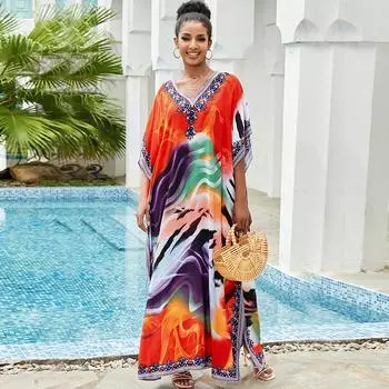 EDOLYNSA Красочное богемное платье-кафтан для женщин с v-образным вырезом, накидка для купания, плюс размер, пляжная одежда с рукавами «летучая мышь», длинный отпускный халат Q841 One Size разноцветный