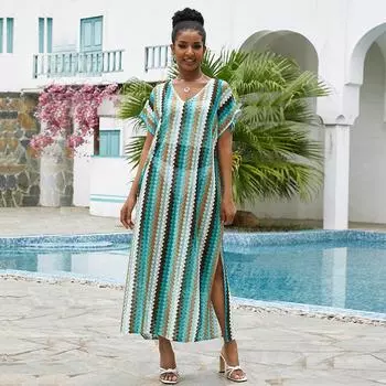 EDOLYNSA Красочное полосатое вязаное платье крючком, сексуальное бикини с высоким разрезом по бокам, богемное полупрозрачное платье-кафтан, длинные топы Q1538