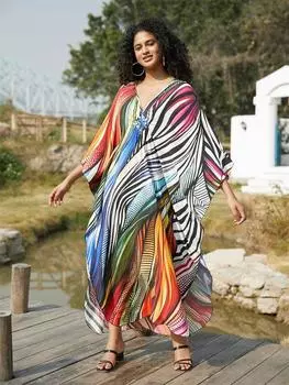 EDOLYNSA Красочный полосатый принт размера плюс ретро-кафтан с v-образным вырезом и боковым разрезом домашнее платье 2024, летний женский пляжный купальник, накидка Q1628 One Size разноцветный