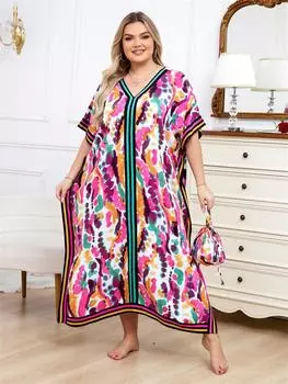 EDOLYNSA Красочный принт плюс размер кафтан халат пляжная одежда купальник накидка 2024 домашняя одежда летнее пляжное платье в стиле бохо с небольшой сумкой женские наряды One Size розовый